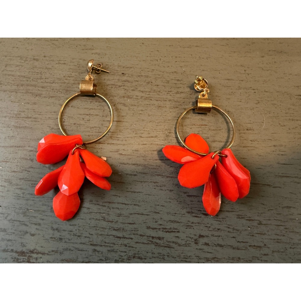 Orange Cluster Petal Hoop Earrings Gold Tone Statement Drop Dangle Jewelry